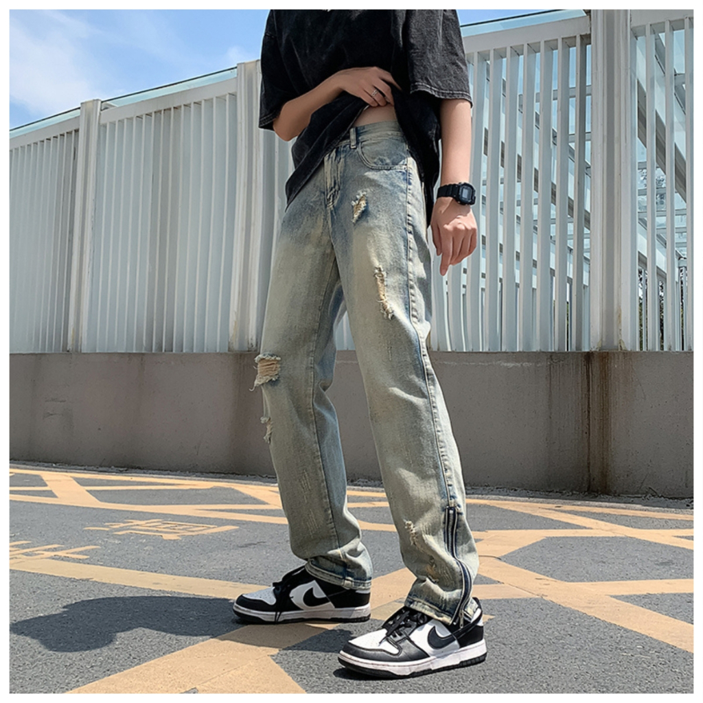 Quần Jean nam ỐNG RỘNG PHỐI KHÓA KÉO cá tính cực chất- Quần baggy nam kiểu Unisex ống suông trơn cao cấp mới nhất 2023