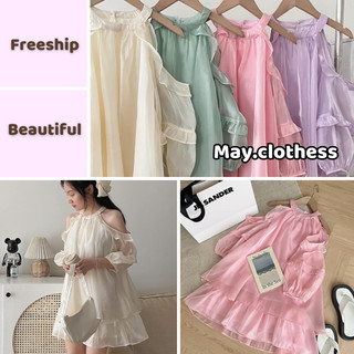 Váy Tơ Sống Khoét Vai Tay Bồng Hàn Quốc, Chất Lụa Loại1 Đẹp, Freesize Dưới 58kg, Dáng Vintage