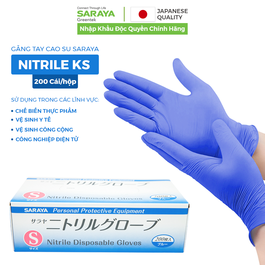 Găng tay Saraya cao su Nitrile KS Không Bột, màu xanh dương, dùng trong thực phẩm, vệ sinh - 200 Chiếc/Hộp