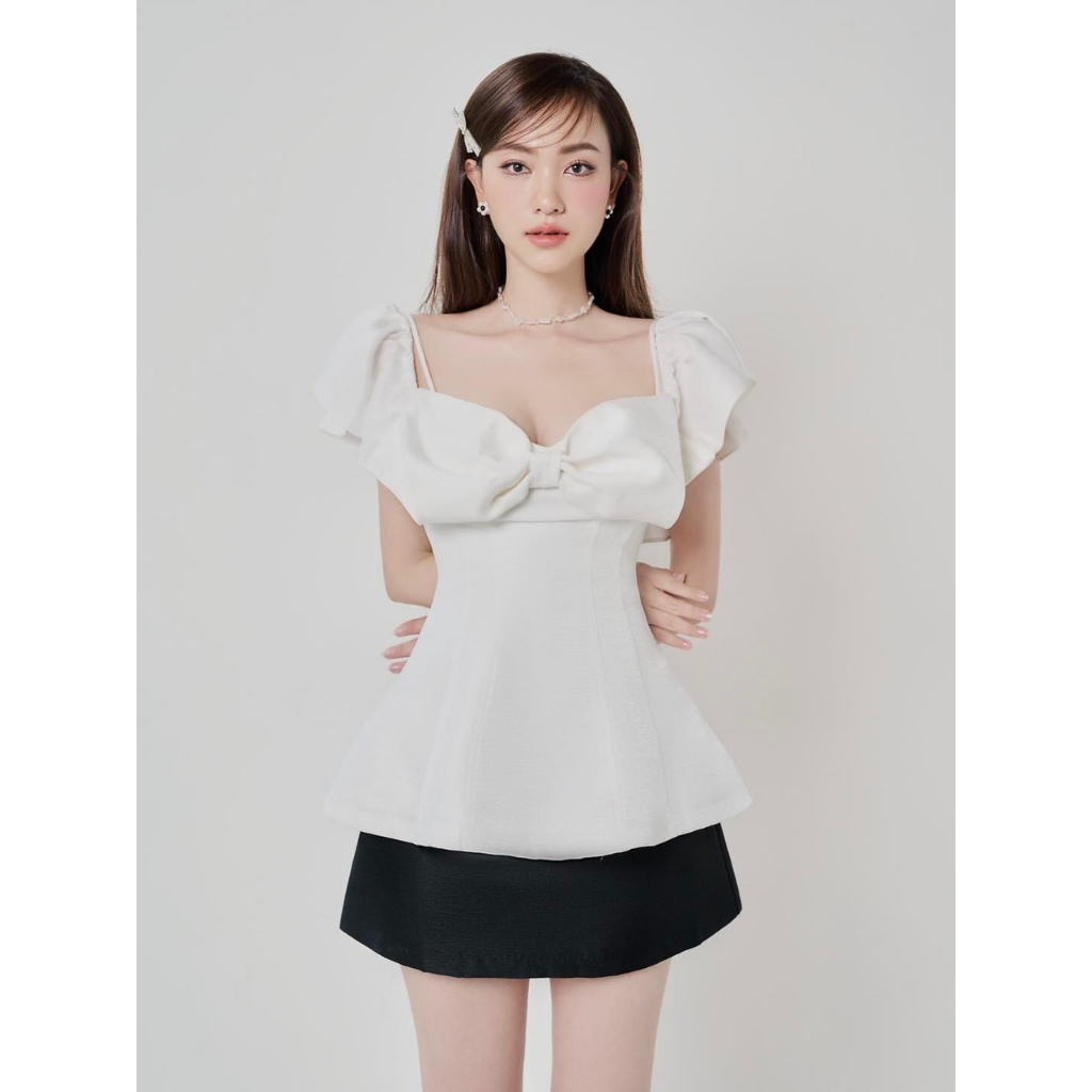 Áo kiểu bigsize hai dây phối nơ mặc trễ vai được  HN0523