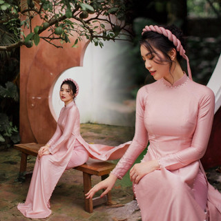 Áo dài truyền thống đính ngọc viền áo, áo dài nữ 2 tà lụa vân gỗ - dự tiệc lễ tết