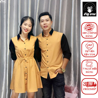 Set sơ mi váy đồi màu vàng nhạt phối đen
