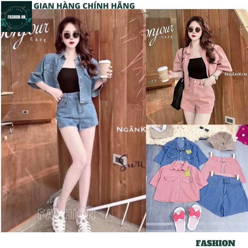 Bộ đồ jean nữ áo croptop khuy giữa mix quần đùi short cạp cao - Set bò thời trang hàn quốc - FASHION BB01