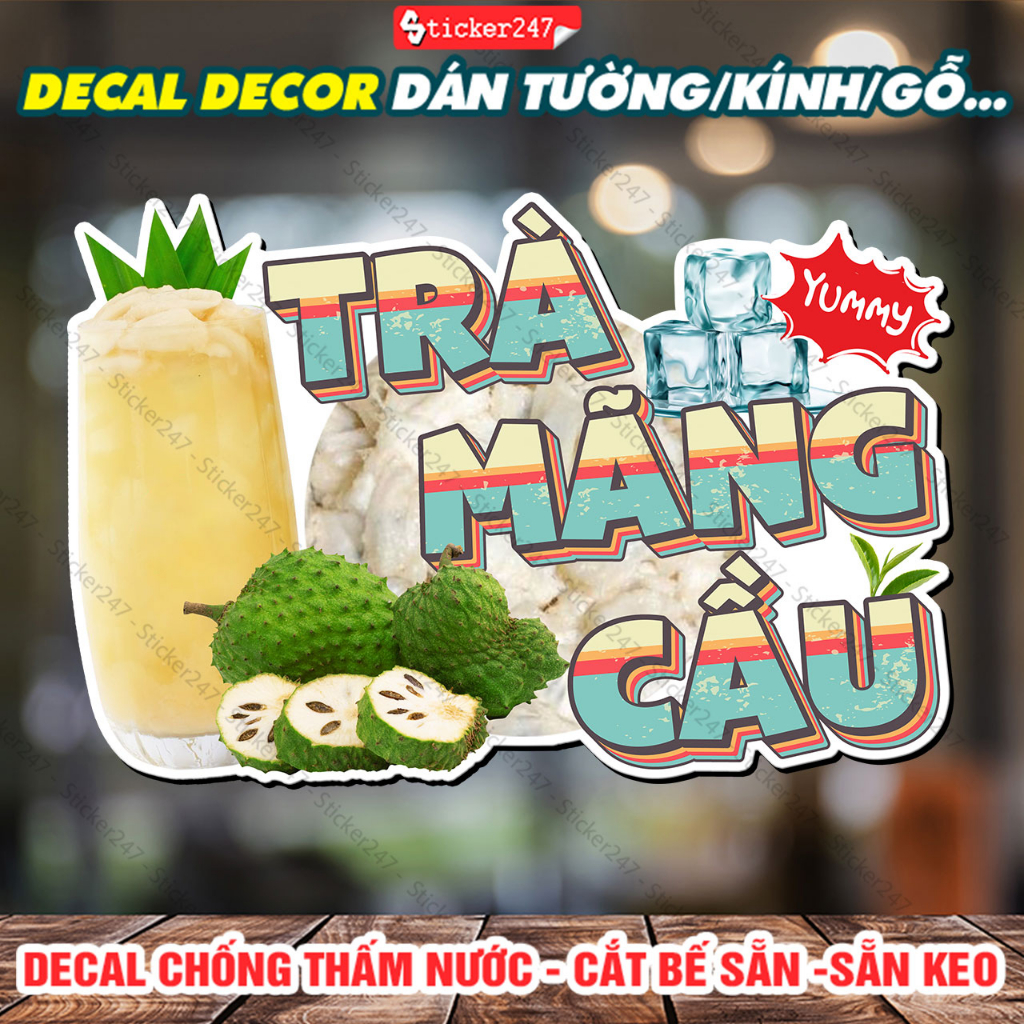 Tranh Dán Tường Trà Mãng Cầu Vintage 🌈 Hình Dán Decor Trang Trí Quán Trà Sữa, Quán Nước - Decal Dán Tường Chống Nước