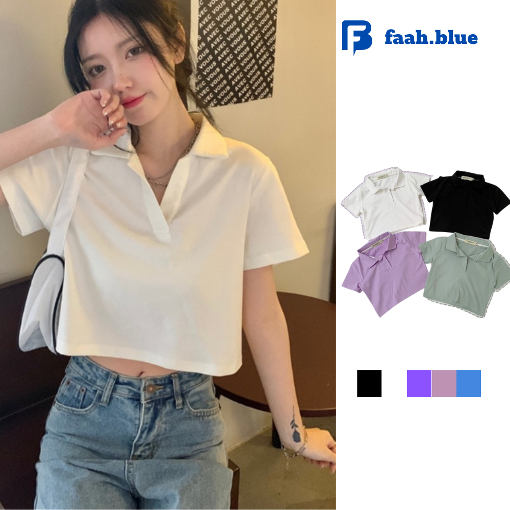 Áo Croptop polo có cổ Nữ tay ngắn MADELA form rộng , croptop ngắn tay cổ trụ - ACTN01