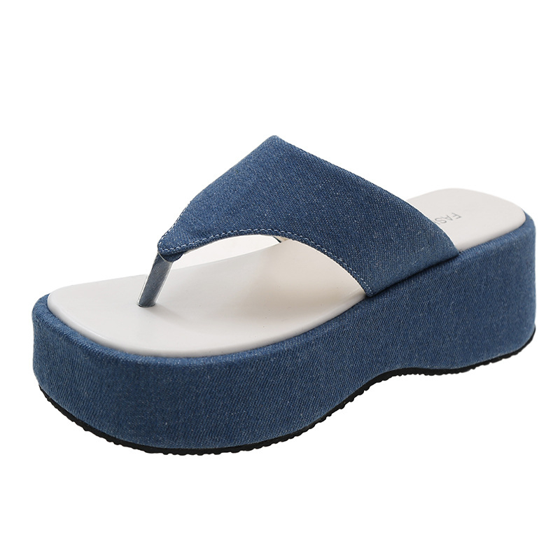 Dép sandal đế xuồng quai kẹp xỏ ngón đế bánh mì cao 5cm bọc vải jeans mẫu phiên bản cao cấp màu xanh mã –BM0011