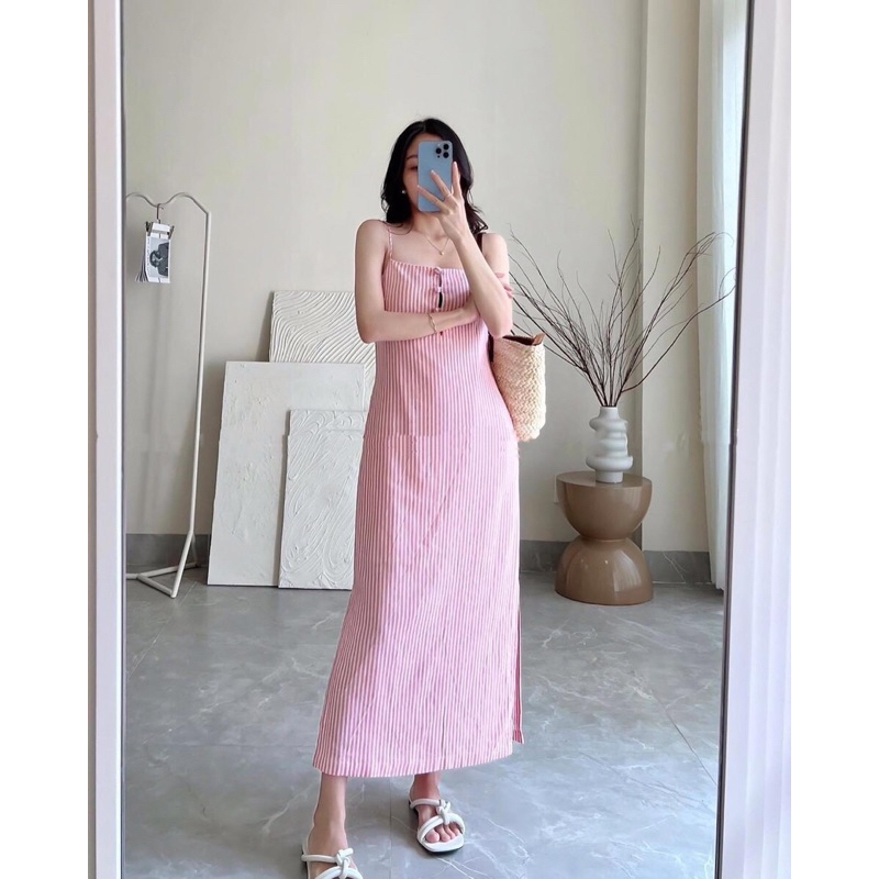 Váy maxi hai dây sọc hồng nút ngọc- Đầm midi đi biển sọc cotton- Váy suông hai dây[Hàng thiết kế Ngâu clothes]