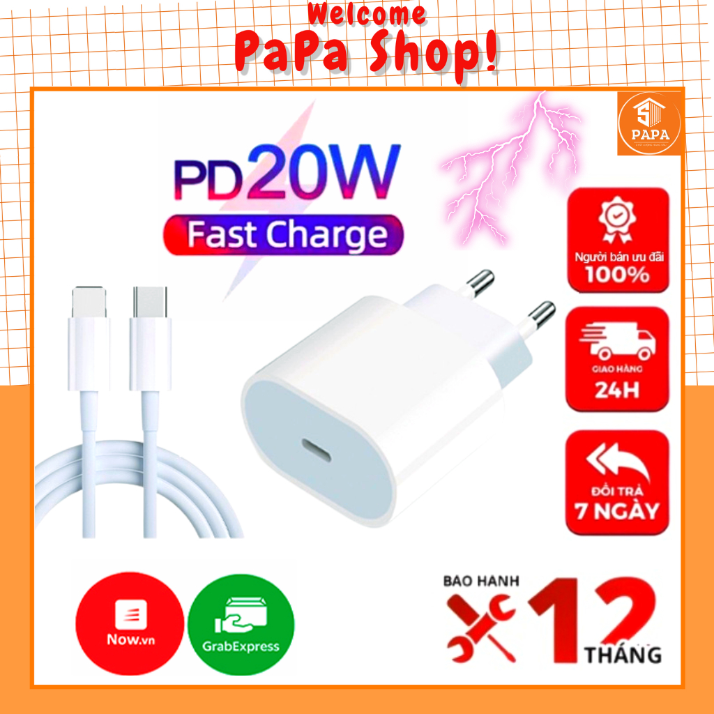 Bộ sạc nhanh cho điện thoại Ip 7/8/X/11/12/13/14/plus/pro/promax (Củ PD 20W + Cáp Type-C) [PAPA]