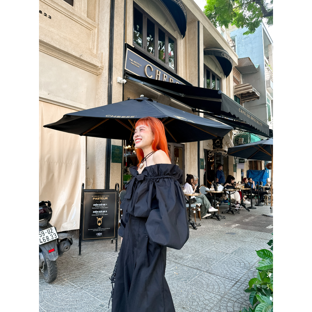 Molan Off Shoulder Top - Áo Bẹt Vai Thắt Nơ Tay Dài Phồng Remmus cho nữ
