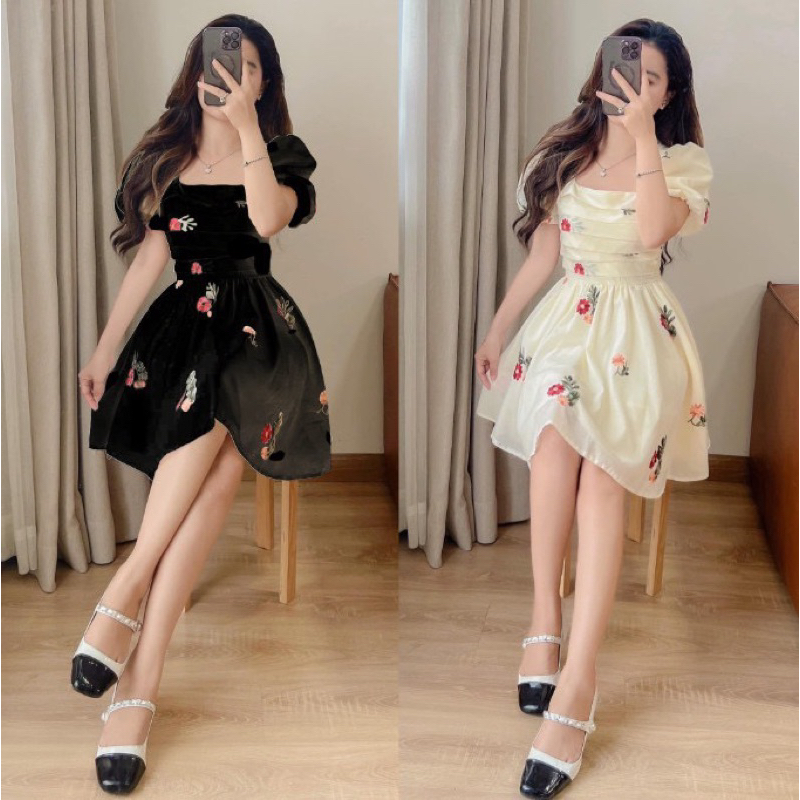 Bigsize Đầm hoa thêu xếp li ngực 55-95kg