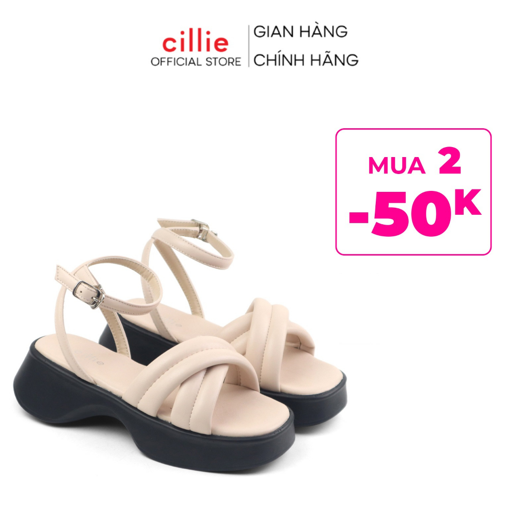 Giày sandal đế bánh mì thời trang quai chéo phồng ôm cổ chân cao 3cm đi chơi dạo phố đi biển Cillie 1059