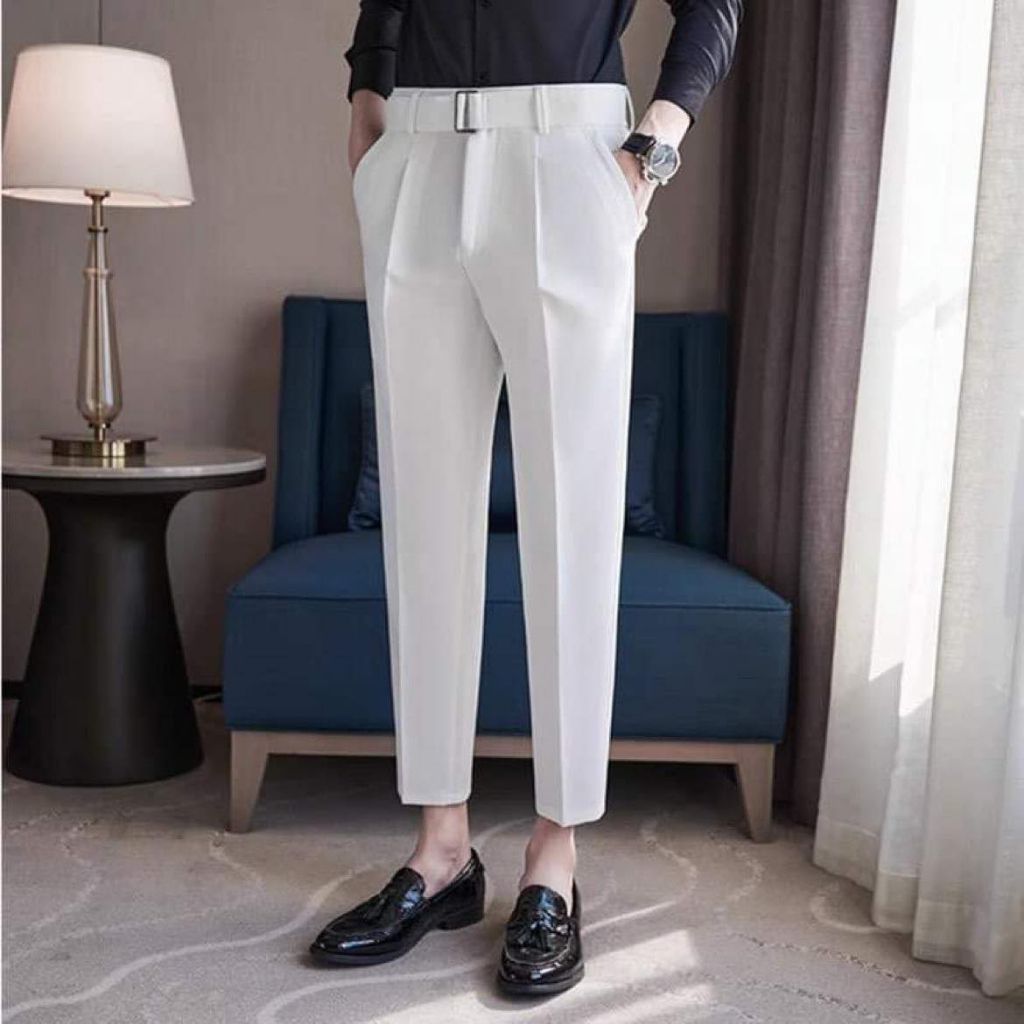 Quần tây nam cạp cao tặng kèm dây lưng vải chất trượt chéo co giãn mịn mướt không bai không xù