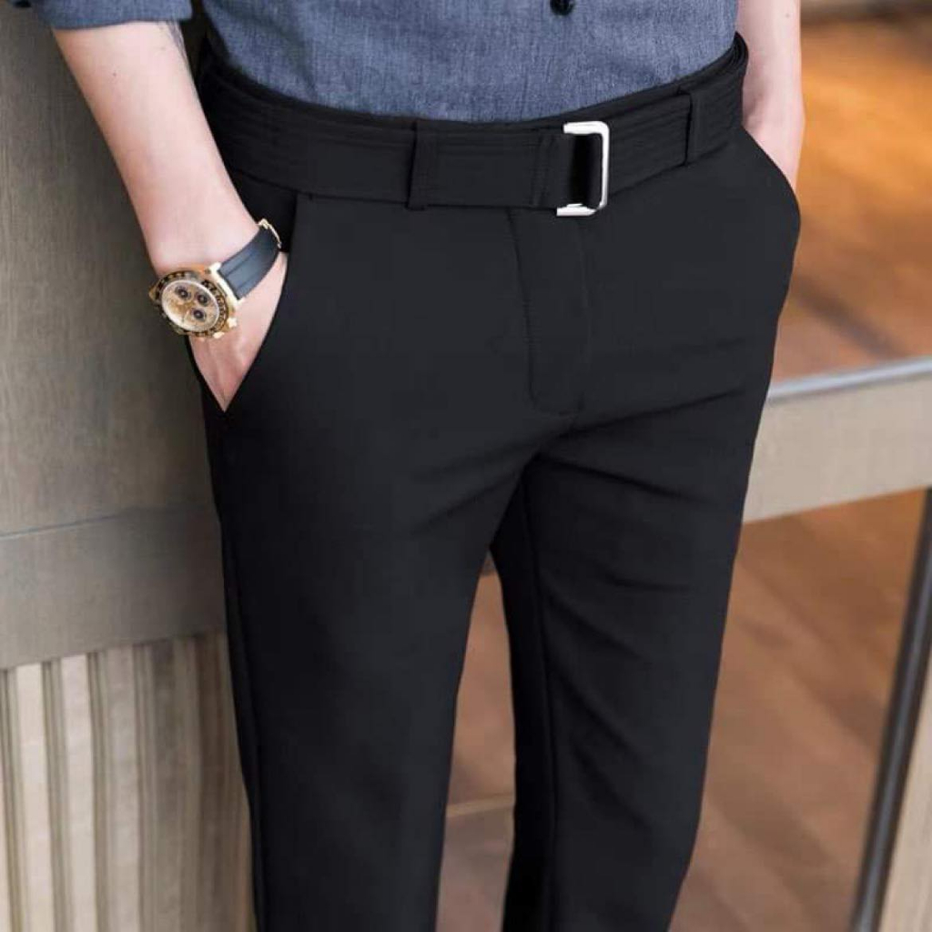 Quần tây nam cạp cao tặng kèm dây lưng vải chất trượt chéo co giãn mịn mướt không bai không xù