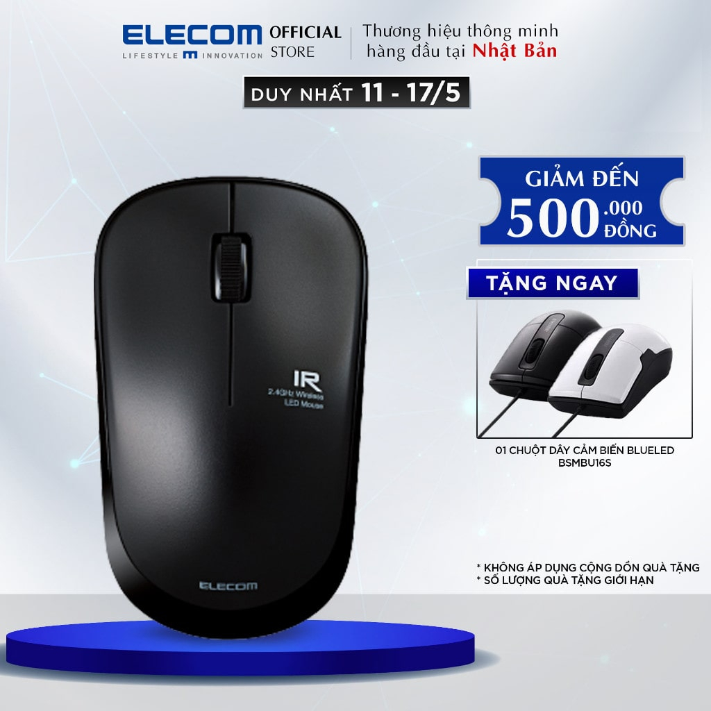 Chuột không dây ELECOM M-IR07DRS yên tĩnh - Silent, USB, pin 2.5 năm, nhỏ gọn, phù hợp PC/Laptop