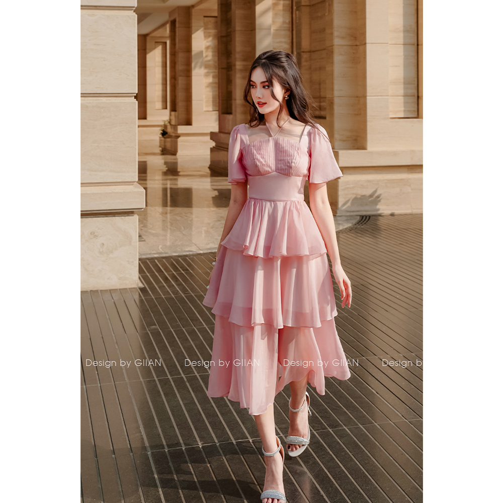 Váy dáng dài xòe tầng xếp ly nhún eo thiết kế tay bồng cánh tiên chính hãng Giian - GV2674