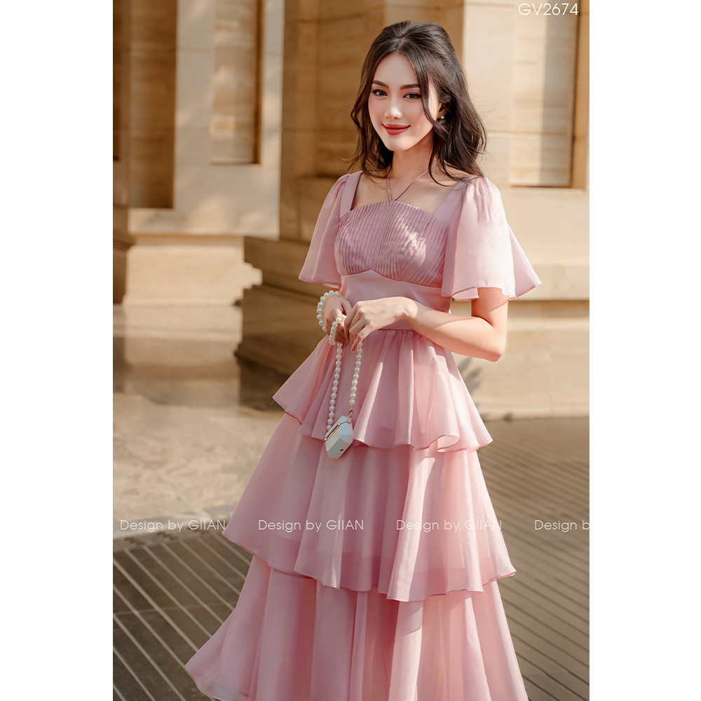 Váy dáng dài xòe tầng xếp ly nhún eo thiết kế tay bồng cánh tiên chính hãng Giian - GV2674