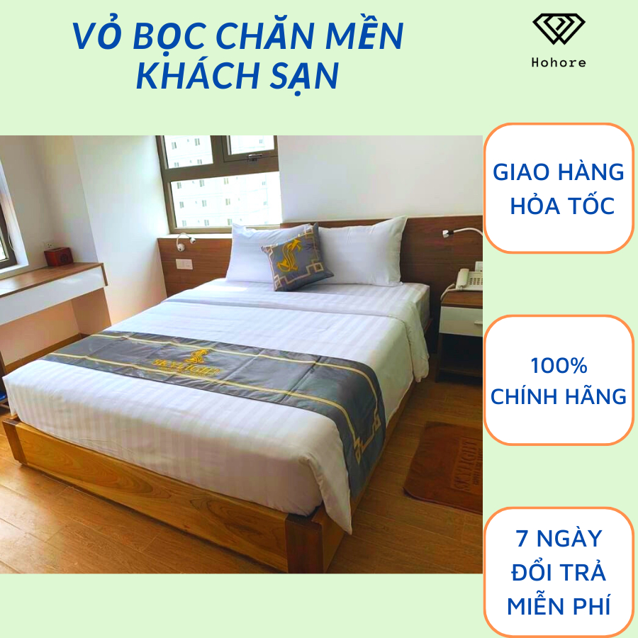 Vỏ chăn khách sạn trắng sọc 3F riotex vải cotton cvc T300 cao cấp - áo chăn lồng ruột có khóa kéo cho khách sạn đủ size