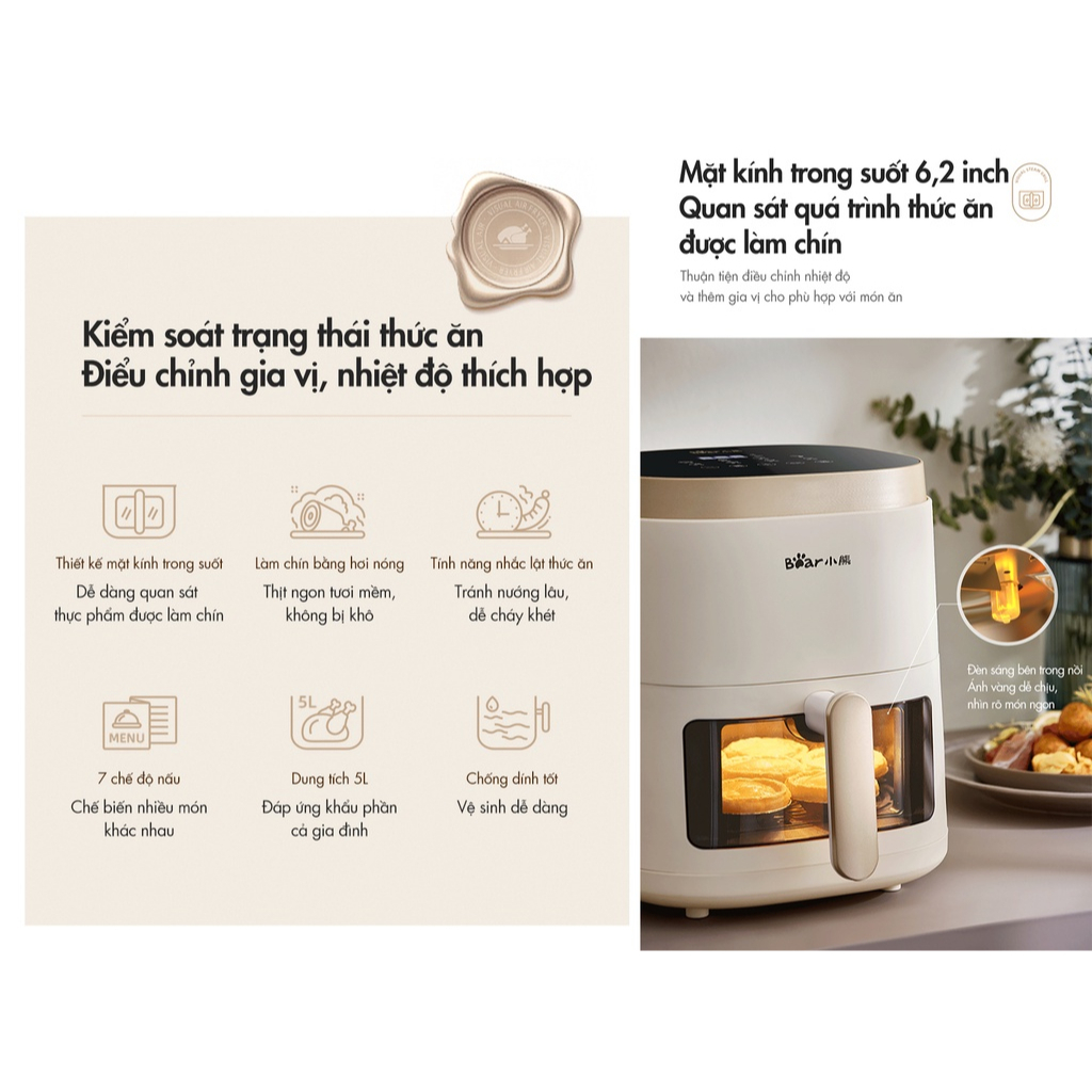 Nồi Chiên Không Dầu Bear QZG-F15E3 Dung Tích 5L - Bản Quốc Tế - Hàng Chính Hãng - Bảo Hành 18T