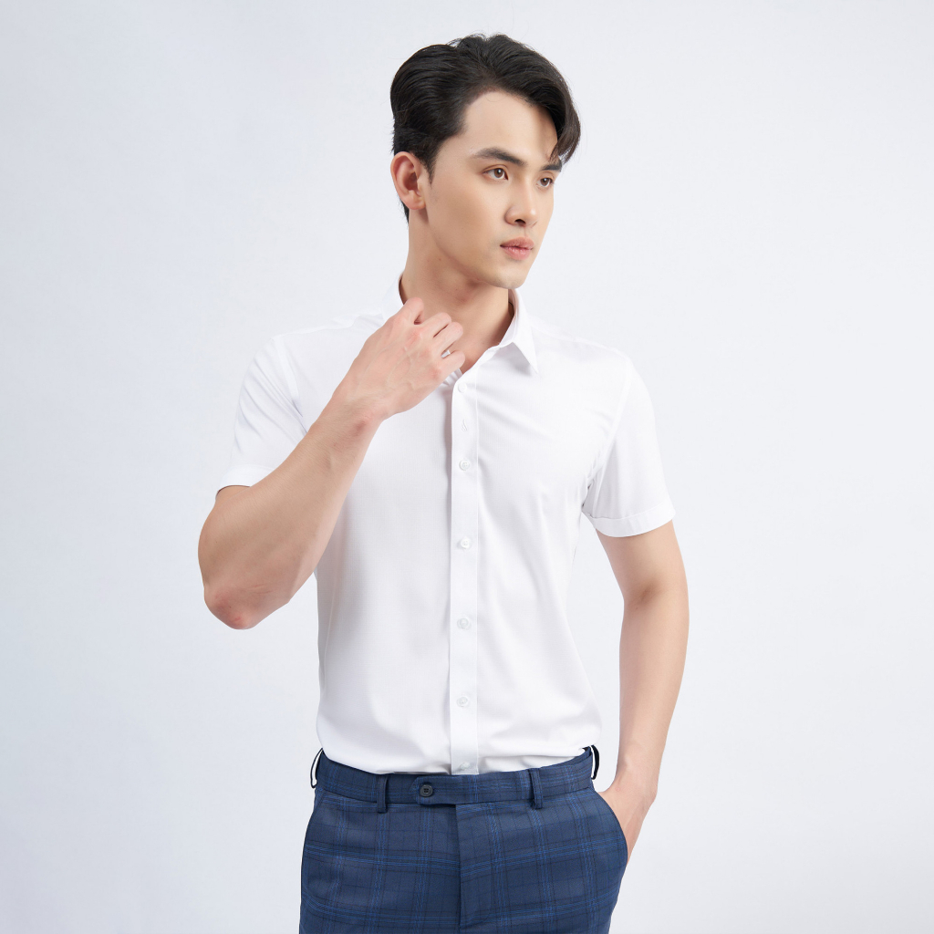 Áo Sơ Mi Nam Ngắn Tay Trắng Trơn 3032W Sợi Tre Hạn Chế Nhăn Nhàu - Vulcano