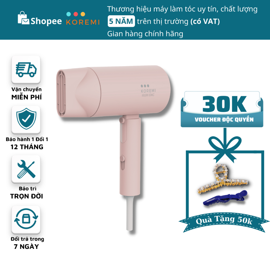 Máy sấy tóc 2 chiều công suất lớn, dành cho Salon, có ION âm, kiểu mini gấp gọn du lịch, Chính Hãng KOREMI 1800W NA-6688