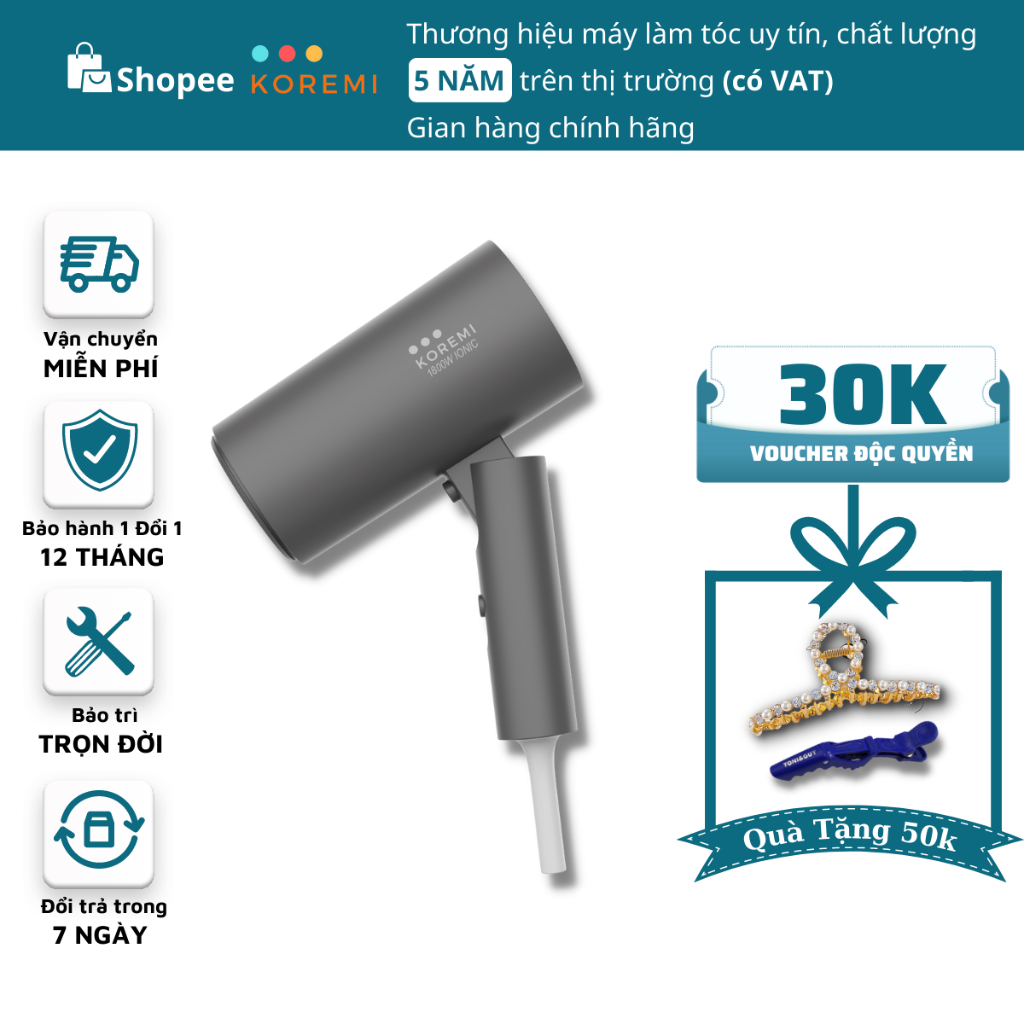 Máy sấy tóc 2 chiều công suất lớn, dành cho Salon, có ION âm, kiểu mini gấp gọn, Chính Hãng KOREMI 1800W NA-6688