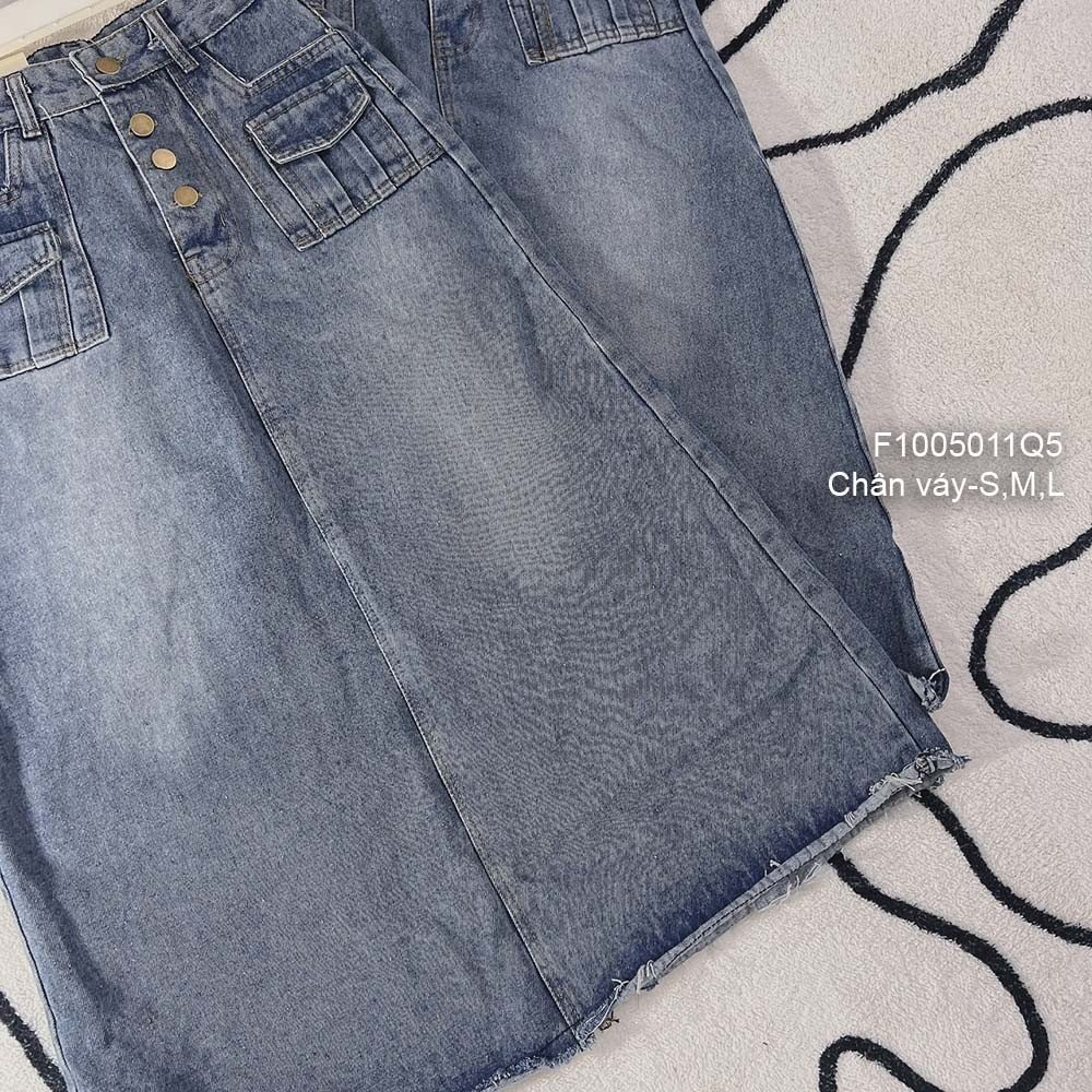 Chân váy jean đẹp cực dáng dài đắp túi hai bên phối 4 nút! HÀNG VNXK