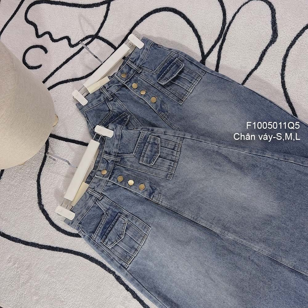 Chân váy jean đẹp cực dáng dài đắp túi hai bên phối 4 nút! HÀNG VNXK