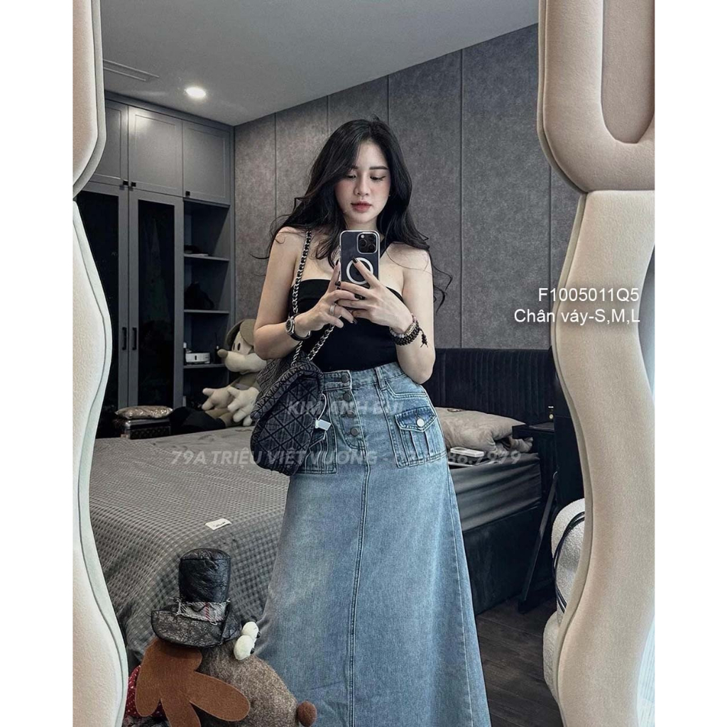 Chân váy jean đẹp cực dáng dài đắp túi hai bên phối 4 nút! HÀNG VNXK