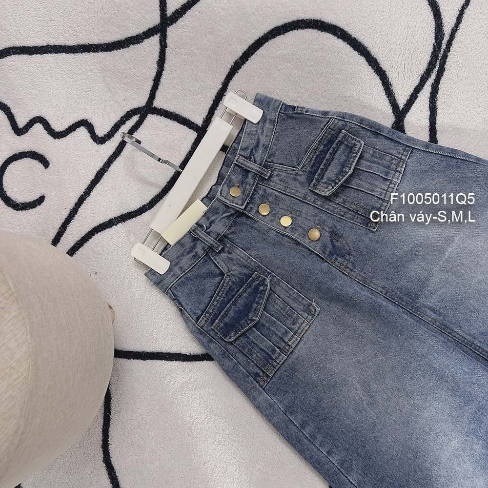 Chân váy jean đẹp cực dáng dài đắp túi hai bên phối 4 nút! HÀNG VNXK