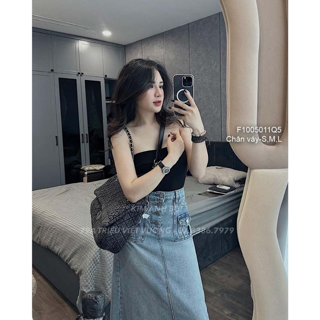 Chân váy jean đẹp cực dáng dài đắp túi hai bên phối 4 nút! HÀNG VNXK