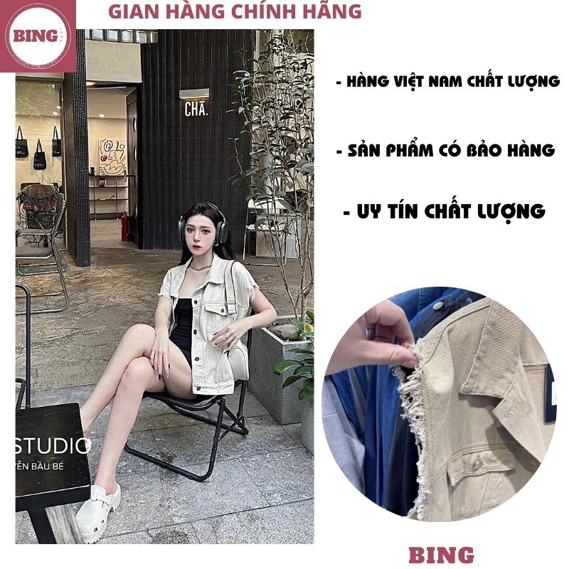 Áo khoác jean ba lỗ cá tính phong cách hàn quốc thời trang trẻ, Áo gile bò tua rua túi hộp năng động form rộng - BING