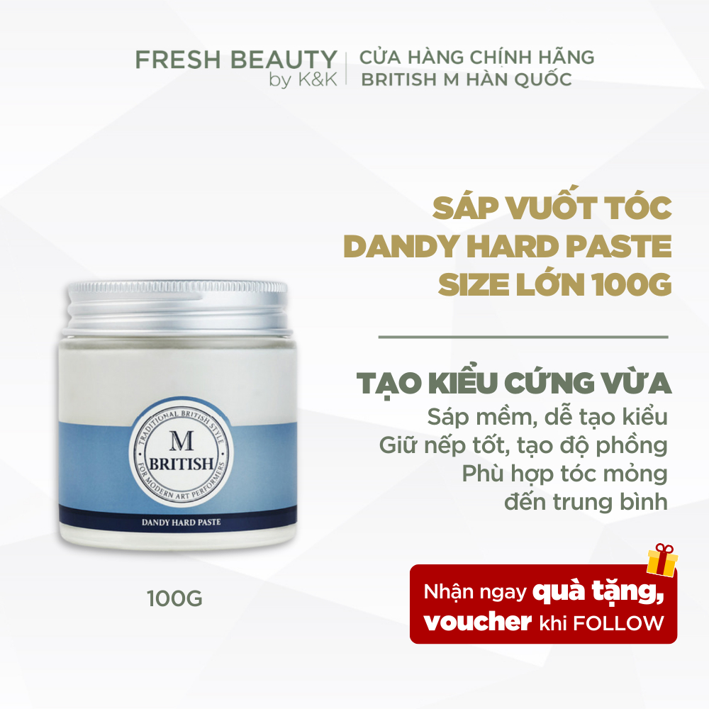 Sáp vuốt tóc tạo kiểu linh hoạt cho nam nữ BRITISH M Dandy Hard Paste, độ cứng vừa phải, tạo độ phồng nhẹ, mềm tóc 100g