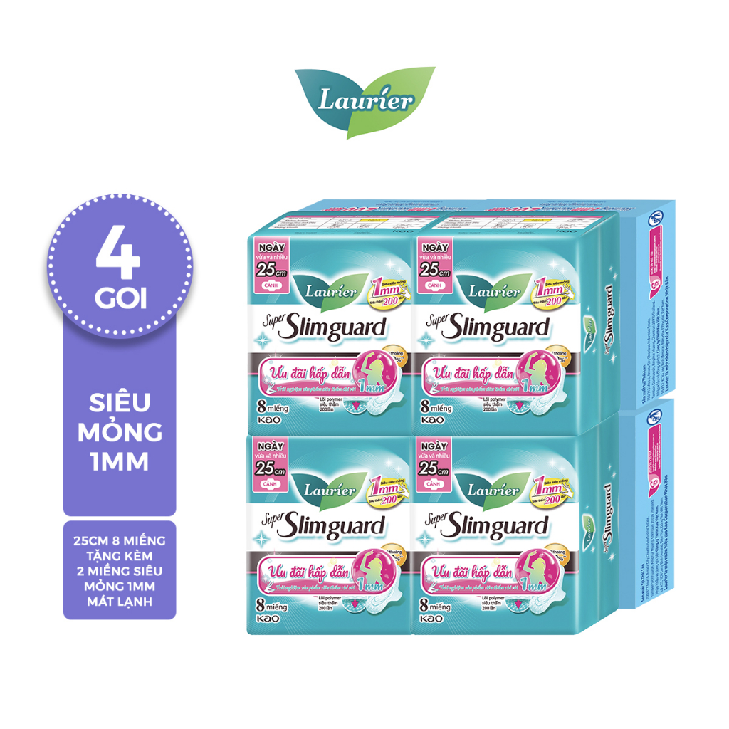 Combo 4 Laurier Siêu Mỏng 1mm 22.5cm/25cm tặng 8 Miếng Laurier Siêu Mỏng 1mm Mát Lạnh