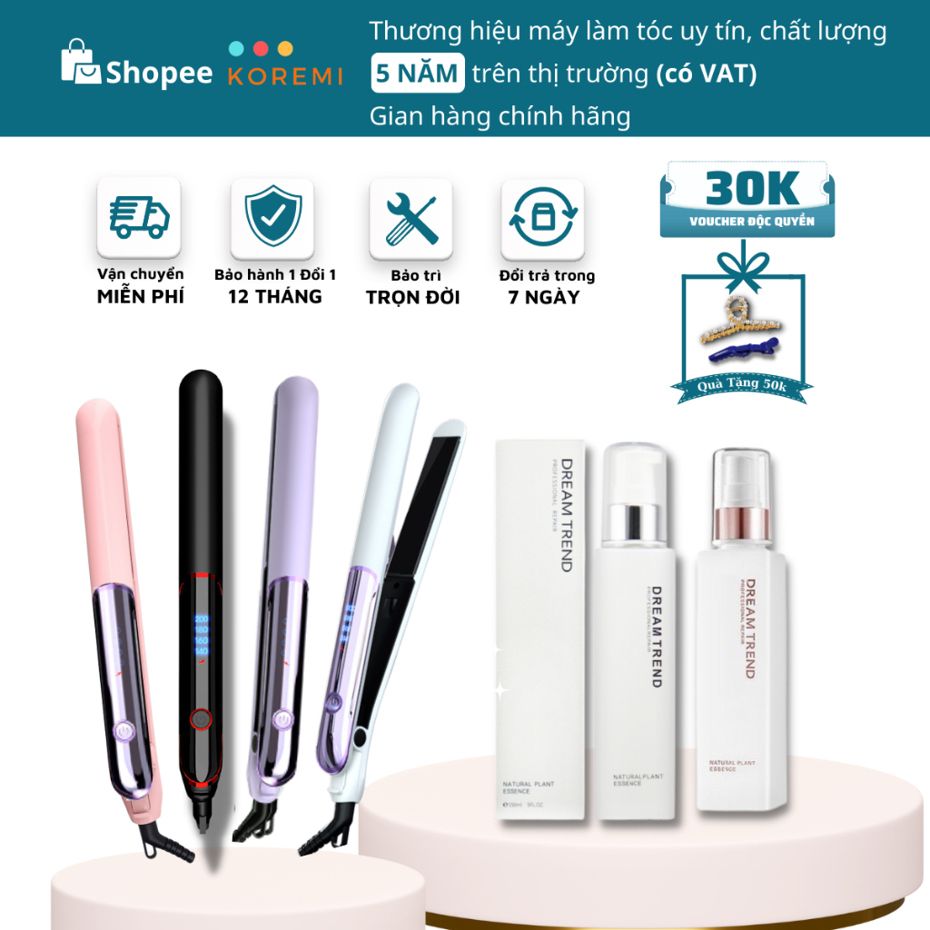 COMBO Máy Ép Tóc và Dưỡng Tóc AHA Dream Trend, Uốn Xoăn 3 Trong 1 KOREMI Màu Đen, Trắng, Hồng - Bảo hành Chính Hãng