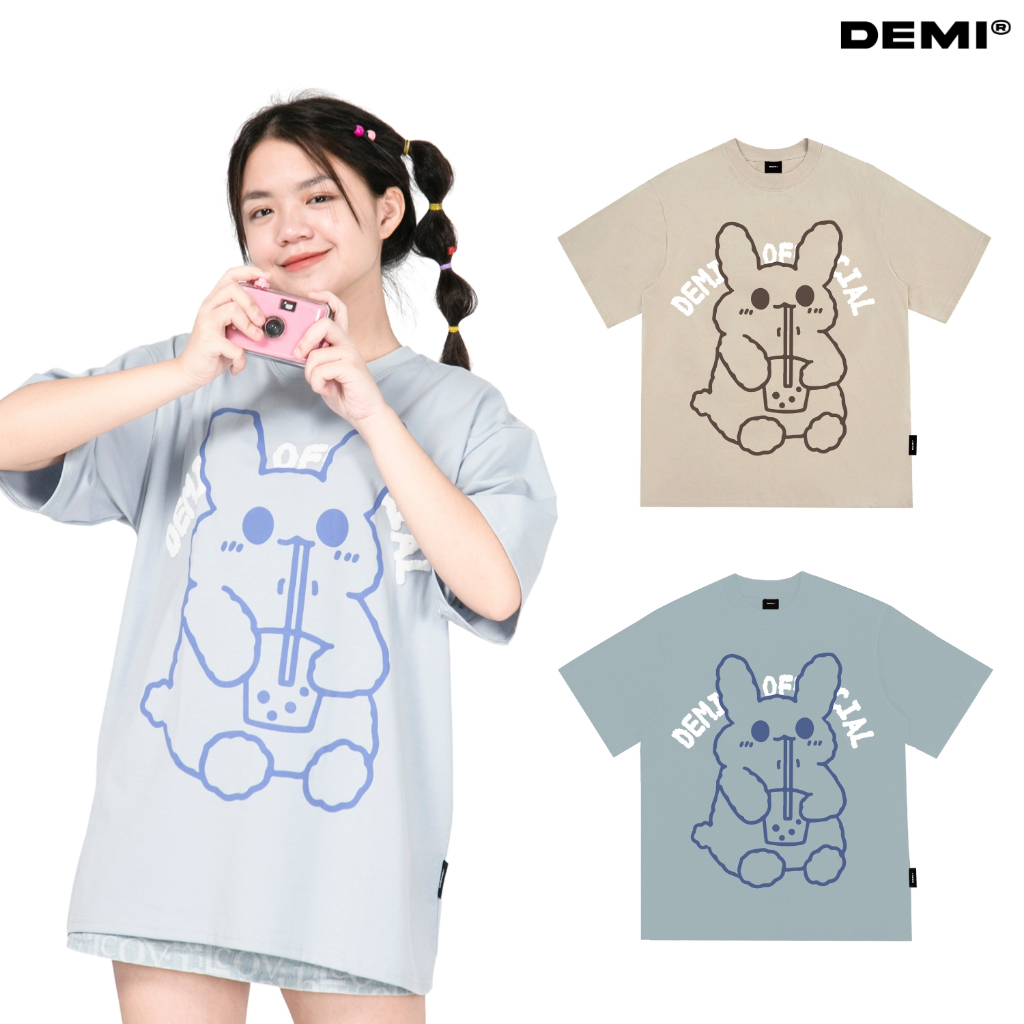Áo thun nữ form rộng tay lỡ unisex chất mát mịn in hình gấu, áo local brand màu Be, Ghi loca brand DEMI | DE-T21