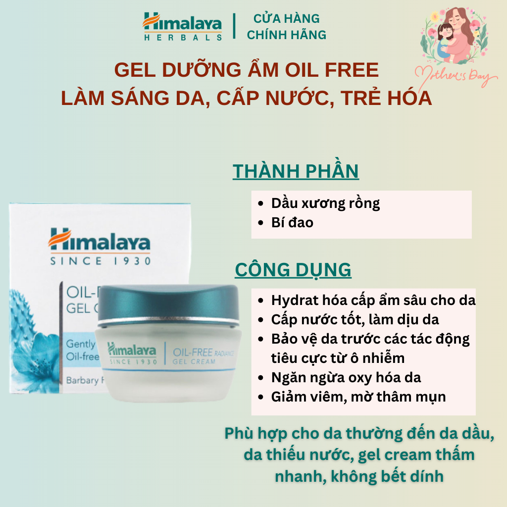 Kem dưỡng ẩm trắng da dành cho da dầu Himalaya Oil Free Radiance Gel Cream Premium 50ml
