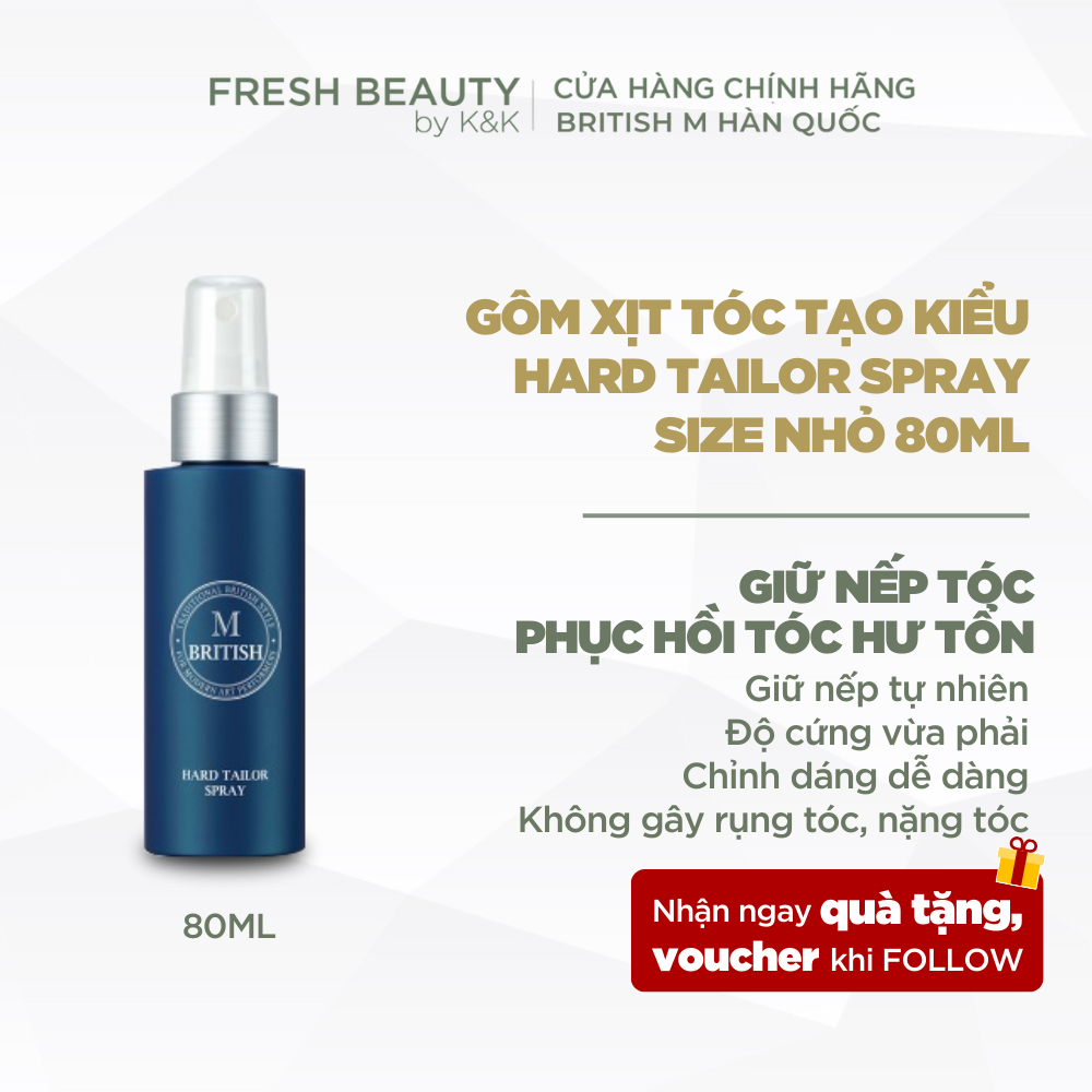 Gôm xịt tóc (keo xịt tóc)nam nữ BRITISH M Hard Tailor Spray tạo kiểu giữ nếp, không nặng tóc, dễ dàng đổi kiểu 80ml