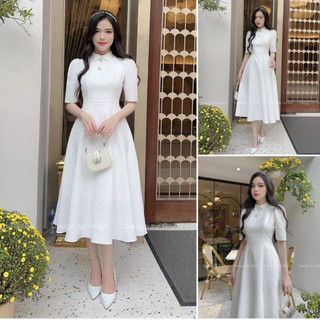 Đầm dự tiệc dáng xòe cổ áo sơ mi đính ngọc siêu thanh lịch, Váy sơ mi dáng dài dự tiệc xốp hoa siêu xinh T705