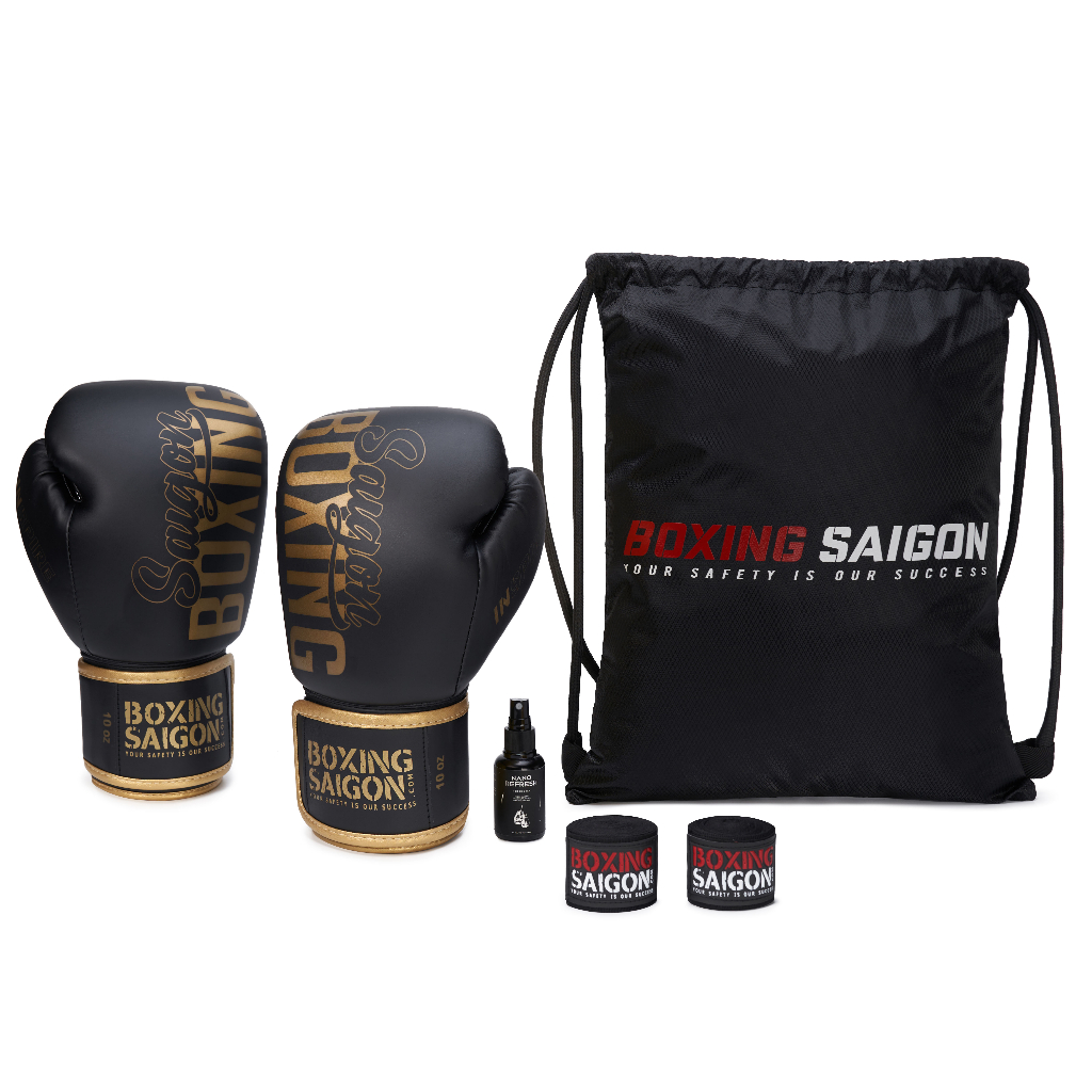 Combo Găng Tay Boxing Saigon 1.0 + Băng Quấn Tay 4m5 (tặng túi rút & xịt) - Black/Gold