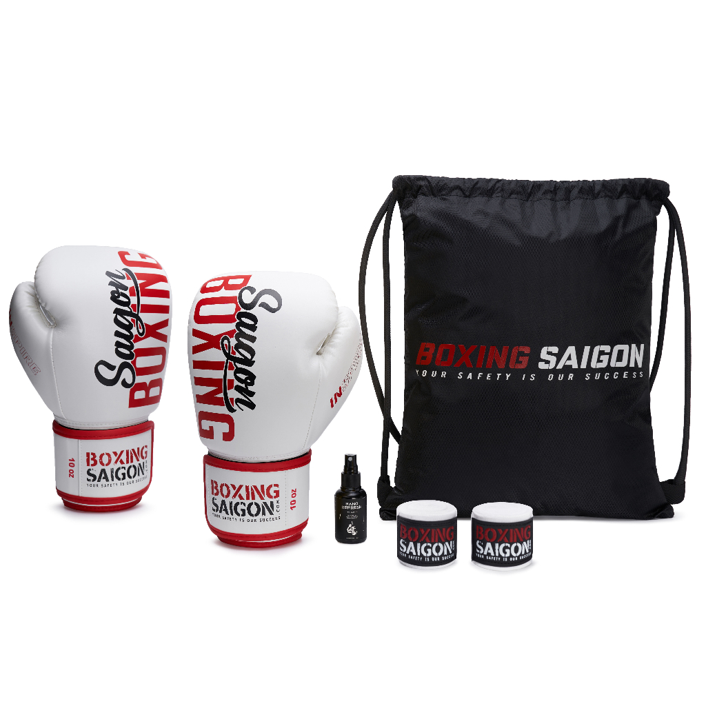 Combo Găng Tay Boxing Saigon 1.0 + Băng Quấn Tay 4m5 (tặng túi rút & xịt) - White/Red