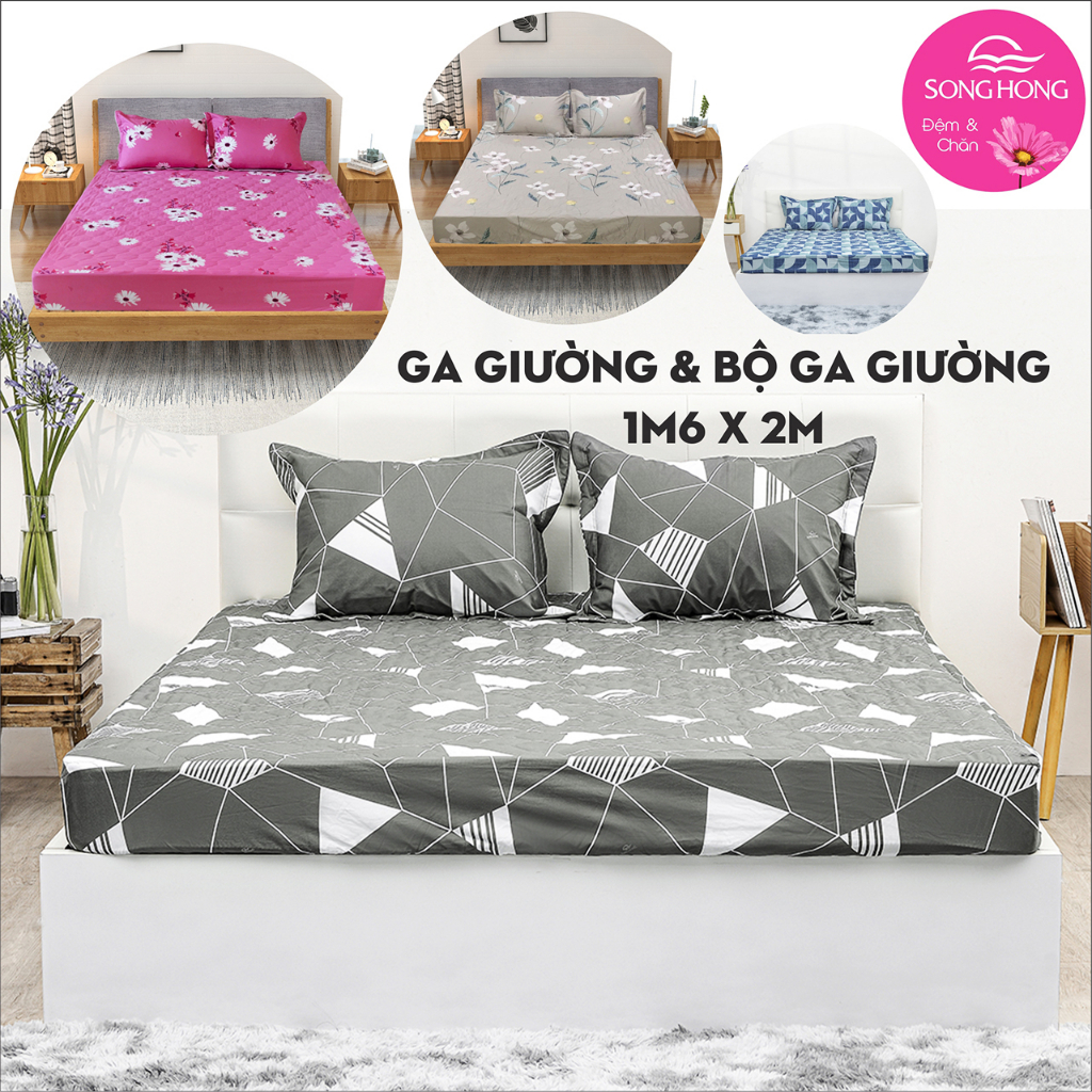 Bộ ga giường Sông Hồng 1m6 x 2m - Ga chun, hàng chần, chất cotton - Chính hãng.