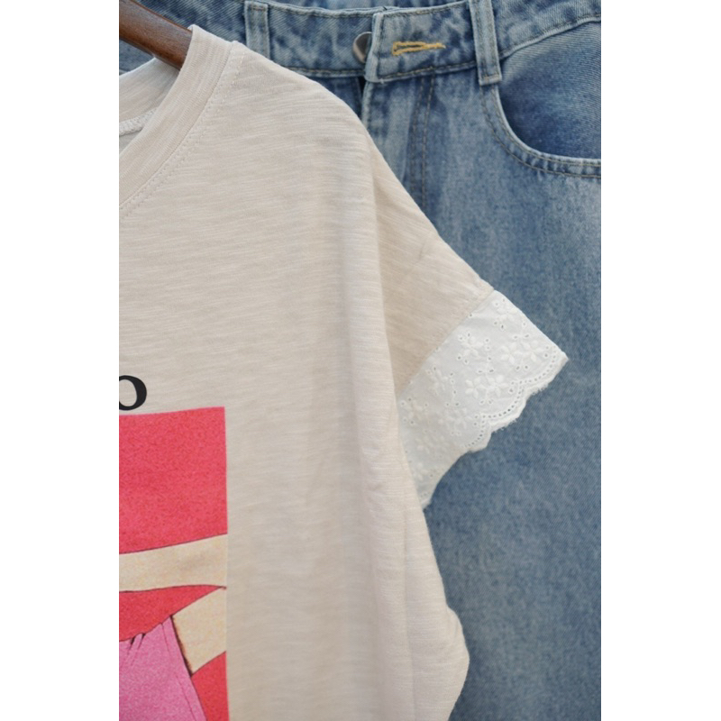 Áo Thun kiểu phối tay ren, áo thun cotton xược dày dặn in hình thời trang menina