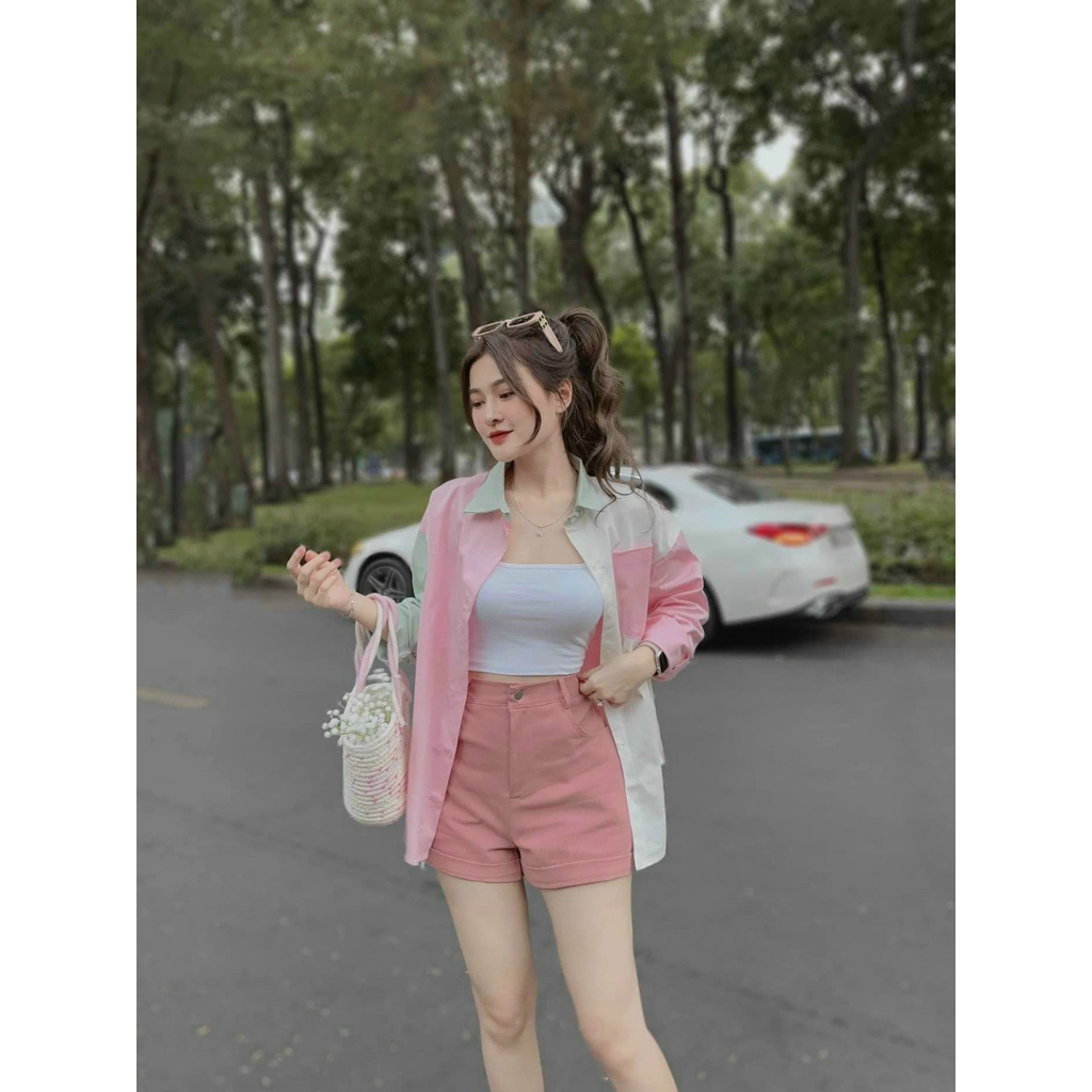 sét đùi 3 món áo sơ mi phối màu mix quần shot có túi chất cotton lạnh mềm mại mịn đẹp