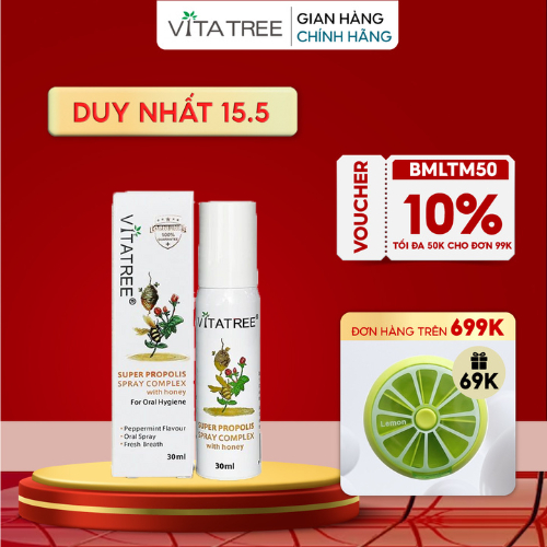 Xịt keo ong Vitatree Super Propolis Spray Complex with honey - Giảm ho, ngứa rát họng