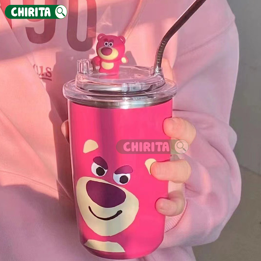 Ly Giữ Nhiệt Gấu Dâu Lotso Tặng Túi Đựng Bình 450ml - Cốc Giữ Nhiệt Uống Cafe Inox 304, Giữ Nhiệt Từ 6-8 Giờ Chirita