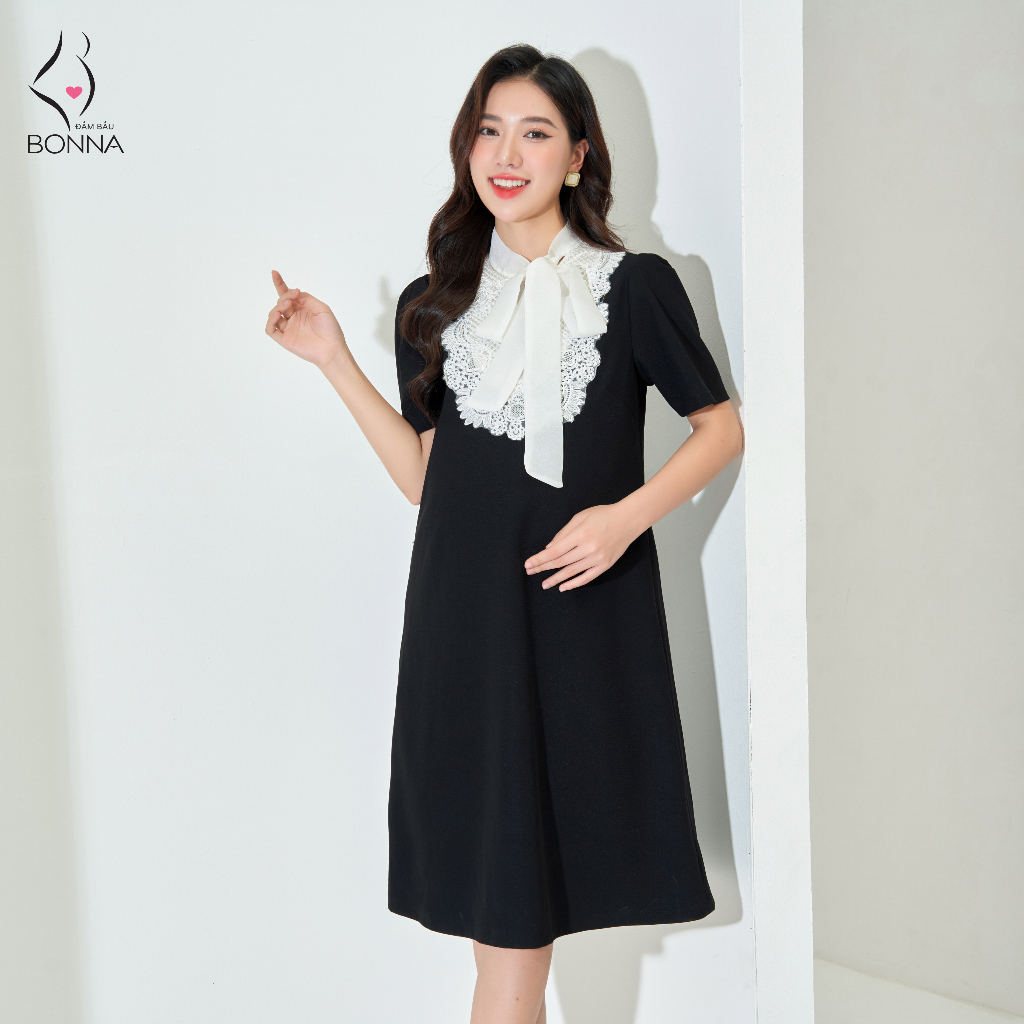 Đầm bầu công sở BONNA dáng suông A thanh lịch, chất liệu tuytsi cao cấp cổ phối nơ điệu đà, thêu hoa tinh tế VS366