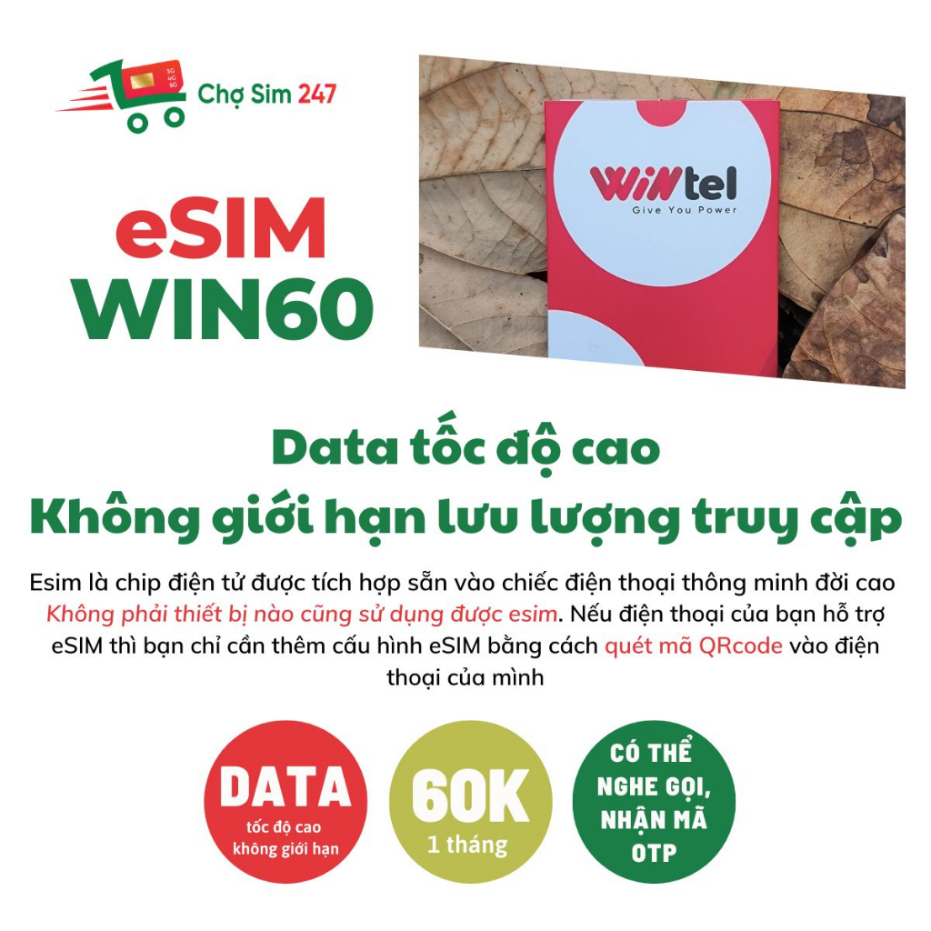 eSIM WINTEL WIN60 - Data tốc độ cao không giới hạn (Gói cước 1 tháng)