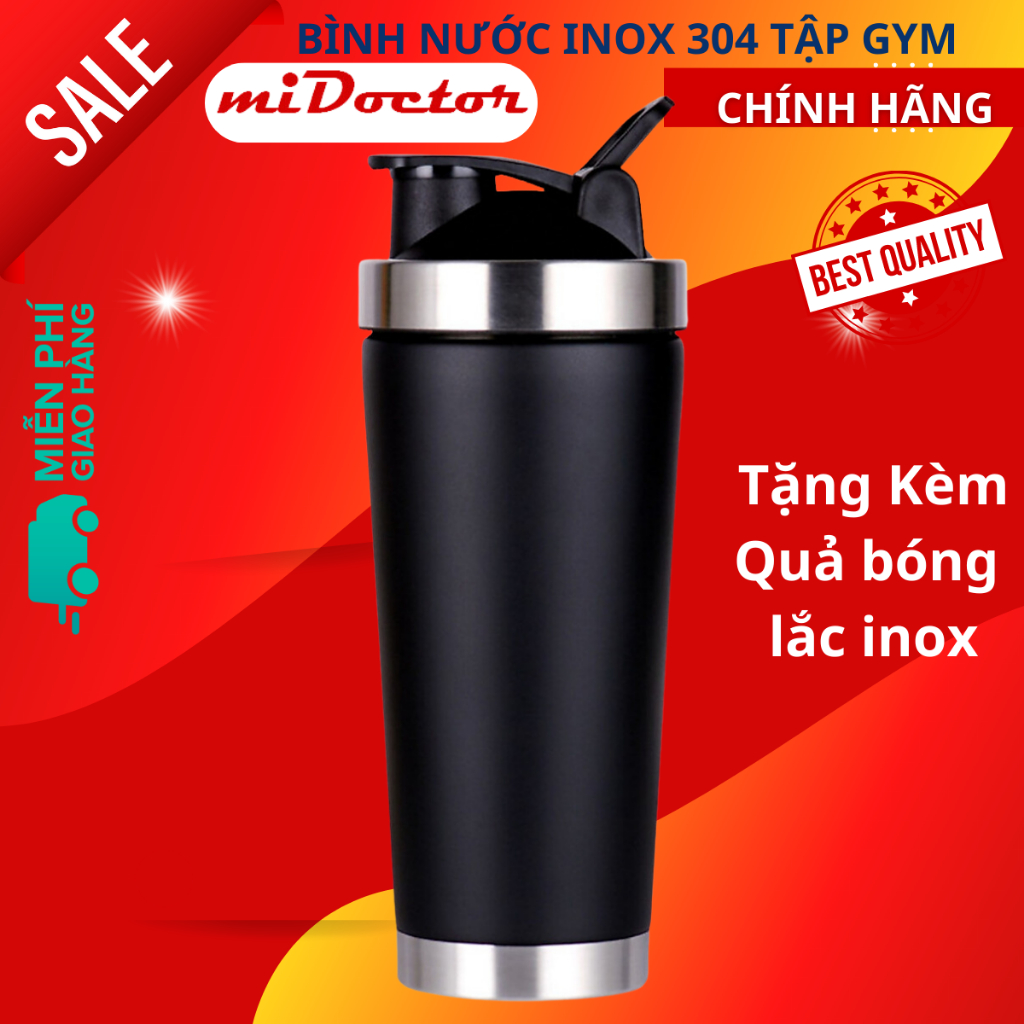 Bình lắc inox shaker tập gym, tập thể thao, quai xách – Kèm Bóng Lò Xo Lắc - Chính hãng miDoctor