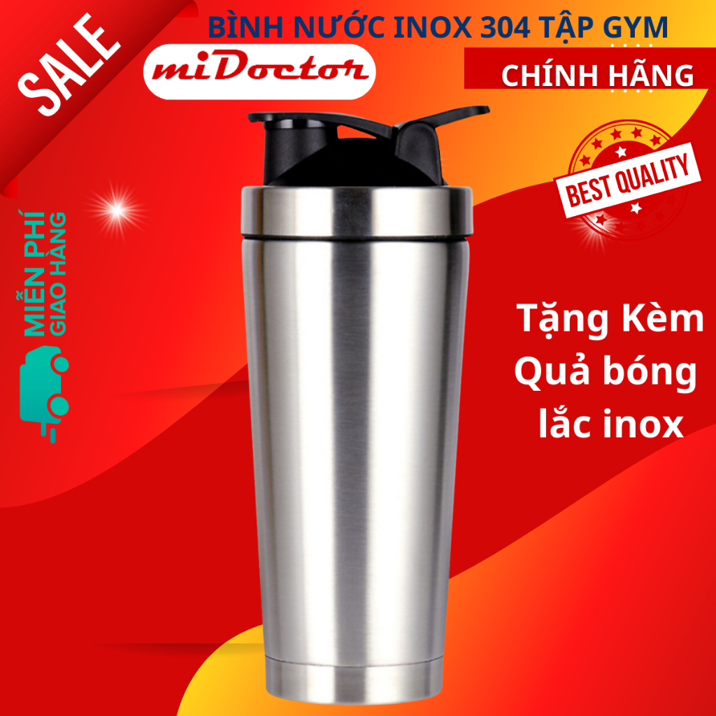 Bình lắc inox shaker tập gym, tập thể thao, quai xách – Kèm Bóng Lò Xo Lắc - Chính hãng miDoctor