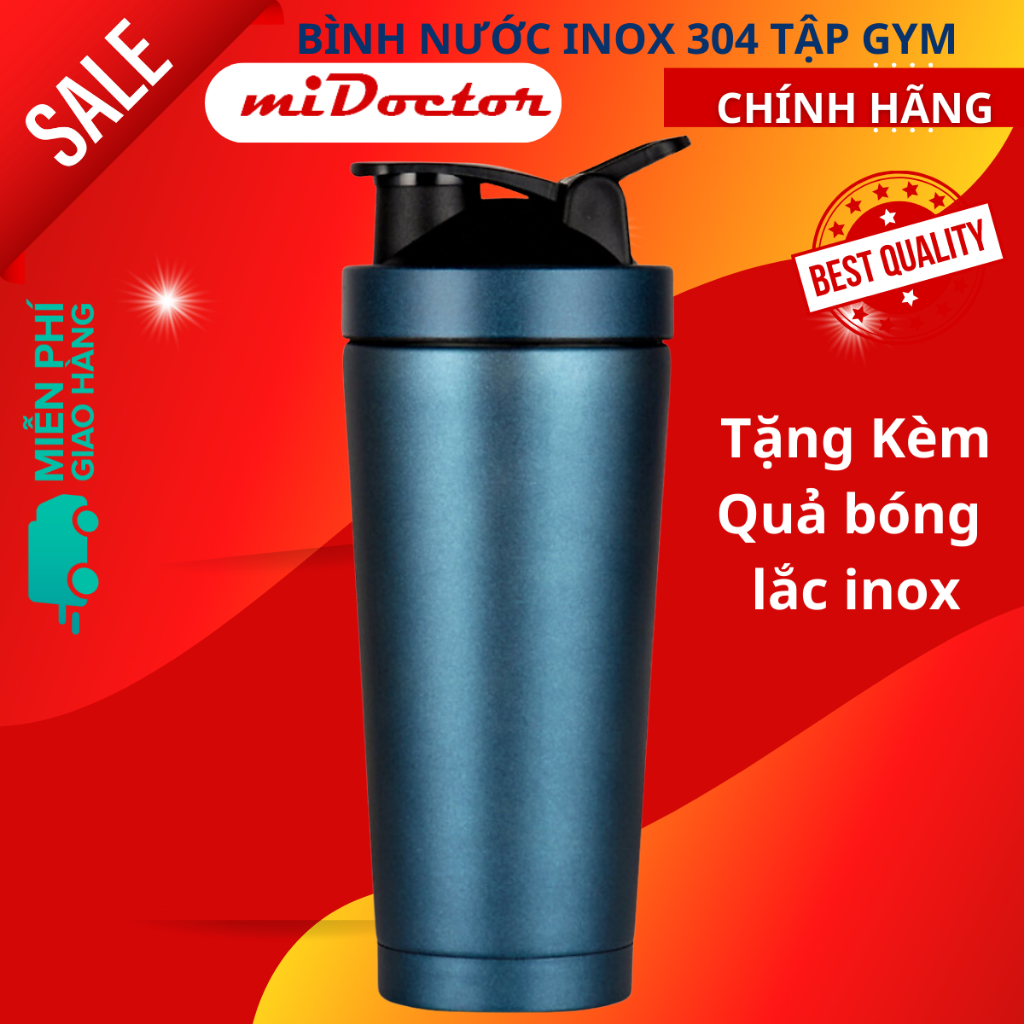 [Màu Xanh Ngọc] Bình Lắc Đựng Nước Thể Thao Tập Gym Shaker Inox 304 - Chính Hãng miDoctor